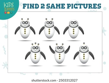 Find two same pictures kids puzzle vector illustration. Activity for preschool children with matching objects and finding 2 identical. Cartoon funny robot game