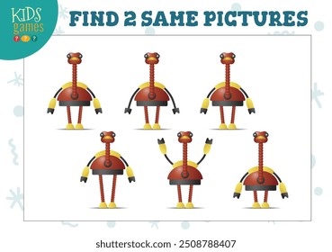 Find two same pictures kids game vector illustration. Activity for preschool children with matching objects and finding 2 identical. Cartoon cute robot