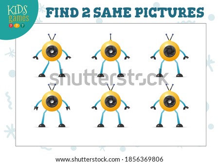 Find two same pictures kids puzzle vector illustration. Activity for preschool children with matching objects and finding 2 identical. Cartoon funny robot or alien game
