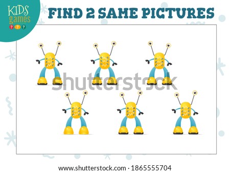 Find two same pictures kids game vector illustration. Activity for preschool children with matching objects and finding 2 identical. Cartoon funny robot