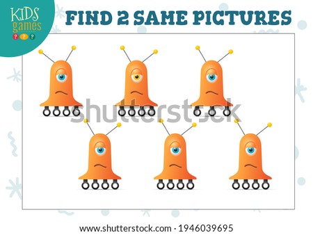 Find two same pictures kids game vector illustration. Activity for preschool children with matching objects and finding 2 identical. Cartoon cute robot