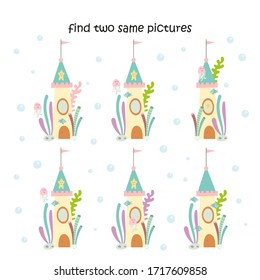 Find two same pictures - mermaids house. Logic games for kids. Vector illustration.