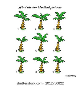 Find two same pictures. Palm trees, tropical plants. A puzzle game for children. A logic sheet for preschool children. Vector illustration.