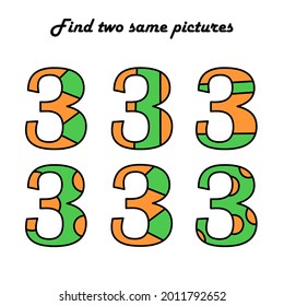 Find two the same pictures. A puzzle game for children. Numbers.Three. Education and entertainment. Logical worksheet for preschool kids. Vector illustration.