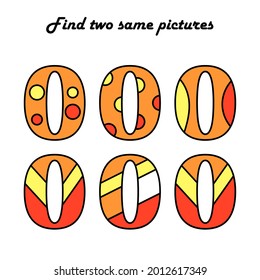 Encuentra dos fotos iguales. Un juego de rompecabezas para los niños. Números. Cero. Educación y entretenimiento. Hoja de cálculo lógica para niños de preescolar. Ilustración del vector
