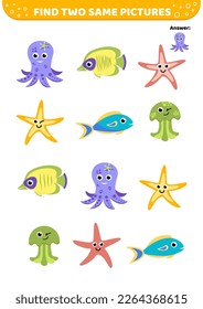 Find two same pictures. Sea animal and fish. Game for children. Educational game for kids with fish, jellyfish, starfish, octopus. Spot two identical pictures. Cartoon, flat. Isolated vector illustrat