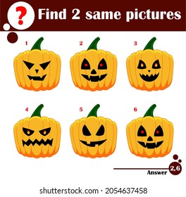 Find two same pictures. Set of cartoon Halloween pumpkins