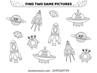 Find two same pictures. Space game. Black and white. Educational game for kids. Spot two identical pictures. Isolated vector illustration eps