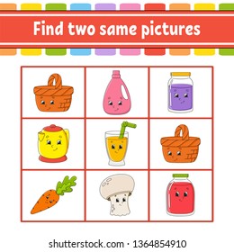 Find two same pictures. Task for kids. Education developing worksheet. Activity page. Game for children. Funny character. Isolated vector illustration. Cartoon style