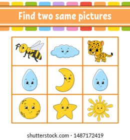 Find two same pictures. Task for kids. Education developing worksheet. Activity page. Game for children. Funny character. Isolated vector illustration. Cartoon style.