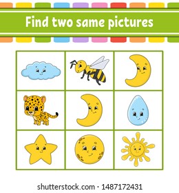 Find two same pictures. Task for kids. Education developing worksheet. Activity page. Game for children. Funny character. Isolated vector illustration. Cartoon style.