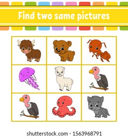 Find two same pictures. Task for kids. Education developing worksheet. Activity page. Game for children. Funny character. Isolated vector illustration. Cartoon style.