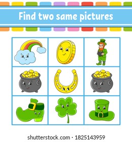 Find two same pictures. Task for kids. St. Patrick's day. Education developing worksheet. Activity page. Color game for children. Funny character. Isolated vector illustration. Cartoon style.