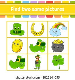 Find two same pictures. Task for kids. St. Patrick's day. Education developing worksheet. Activity page. Color game for children. Funny character. Isolated vector illustration. Cartoon style.