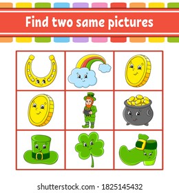 Find two same pictures. Task for kids. St. Patrick's day. Education developing worksheet. Activity page. Color game for children. Funny character. Isolated vector illustration. Cartoon style.