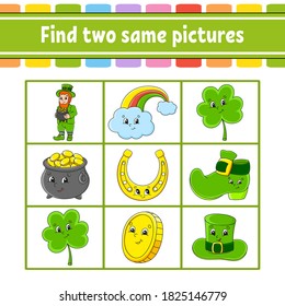 Find two same pictures. Task for kids. St. Patrick's day. Education developing worksheet. Activity page. Color game for children. Funny character. Isolated vector illustration. Cartoon style.