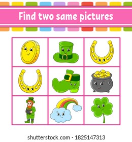 Find two same pictures. Task for kids. St. Patrick's day. Education developing worksheet. Activity page. Color game for children. Funny character. Isolated vector illustration. Cartoon style.