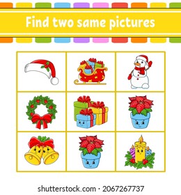 Find two same pictures. Task for kids. Education developing worksheet. Activity page. Color game for children. Funny character. Isolated vector illustration. cartoon style. Christmas theme.
