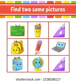 Find two same pictures. Task for kids. Education developing worksheet. Activity page. Color game for children. Funny character. Isolated vector illustration. cartoon style.