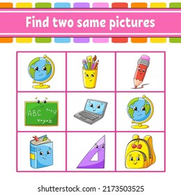 Find two same pictures. Task for kids. Education developing worksheet. Activity page. Color game for children. Funny character. Isolated vector illustration. cartoon style.