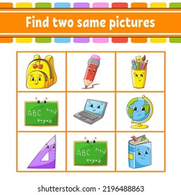 Find two same pictures. Task for kids. Education developing worksheet. Activity page. Color game for children. Funny character. Isolated vector illustration. cartoon style.