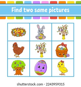 Find two same pictures. Task for kids. Education developing worksheet. Activity page. Color game for children. Easter theme. Funny character. Isolated vector illustration. cartoon style.