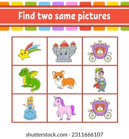 Find two same pictures. Task for kids. Education developing worksheet. Activity page. Color game for children. Funny character. Cartoon style. Vector illustration.