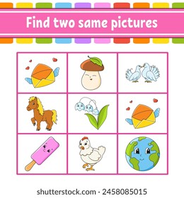 Find two same pictures. Task for kids. Education developing worksheet. Activity page. Color game for children. Funny character. Cartoon style. Vector illustration.