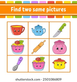 Find two same pictures. Task for kids. Education developing worksheet. Activity page. Color game for children. Funny character. Cartoon . Vector illustration.