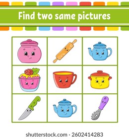 Find two same pictures. Task for kids. Education developing worksheet. Activity page. Color game for children. Funny character. Cartoon . Vector illustration.