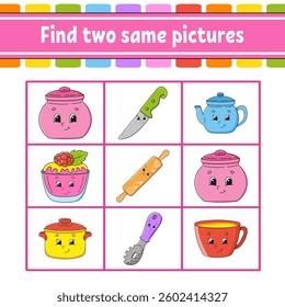 Find two same pictures. Task for kids. Education developing worksheet. Activity page. Color game for children. Funny character. Cartoon . Vector illustration.