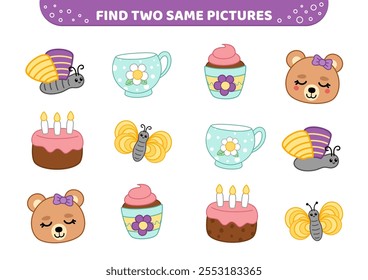 Find two same pictures. Tea party with bear girl. Educational game for kids. Spot two identical pictures. Cartoon, isolated vector illustration eps 10