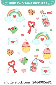 Find two same pictures. Valentines day. Game for children. Cartoon, vector
