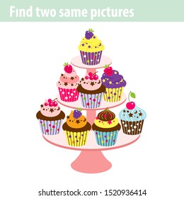 Find two same pictures,education game for kids. Set of cupcakes