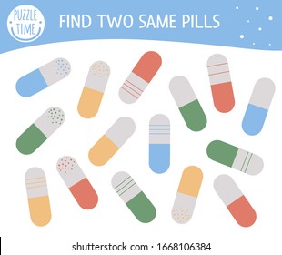 Find two same pills. Medical or healthcare themed matching activity for preschool children with cute medicine. Funny health check game for kids. Logical quiz worksheet