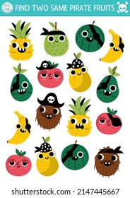 Find two same pirate fruits. Treasure island matching activity for children. Sea adventures educational quiz worksheet for kids for attention skills. Simple printable game with cute banana, apple
