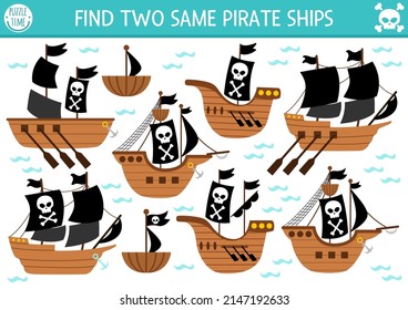 Find two same pirate ships. Treasure island matching activity for children. Sea adventures educational quiz worksheet for kids for attention skills. Simple printable game with cute boats
