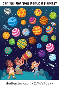 Find Two Same Planets. Educational space puzzle for children where kids find two identical planets. Fun astronomy activity that develops attention, visual skills, and logical thinking through play