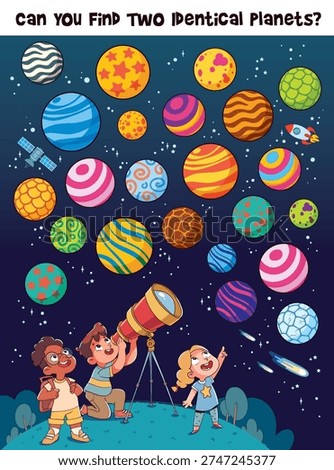 Find Two Same Planets. Educational space puzzle for children where kids find two identical planets. Fun astronomy activity that develops attention, visual skills, and logical thinking through play