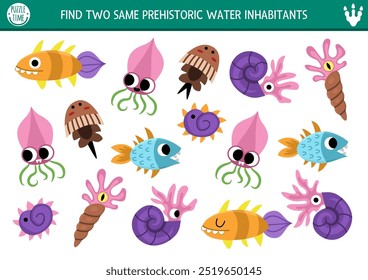 Find two same prehistoric water inhabitants. Matching activity for children. Dinosaur land educational quiz worksheet for kids with ancient ocean animals. Printable game with cute fish, ammonite
