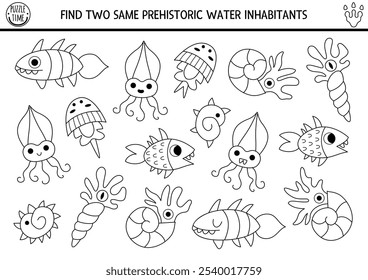 Find two same prehistoric water inhabitants. Black and white matching activity. Dinosaur educational line quiz worksheet for kids with ancient ocean animals. Printable game, coloring page with fish
