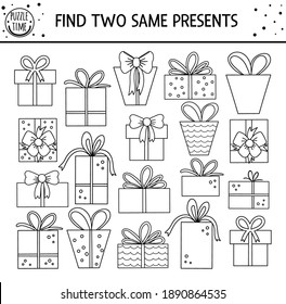 Find two same presents. Holiday black and white matching activity for children. Funny outline educational Birthday party logical worksheet for kids. Simple line printable celebration game
