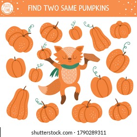 Find two same pumpkins. Autumn matching activity for children. Funny educational fall season logical quiz worksheet for kids. Simple printable game with vegetables and cute orange fox
