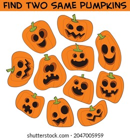 Find two same pumpkins. Halloween pumpkin. Set. Funny cartoon character. Vector illustration. Isolated on white background