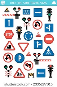 Find two same road signs. Transportation matching activity for children. City traffic educational quiz worksheet for kids for attention skills. Simple printable game road rule plates
