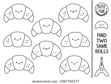 Find two same rolls. French traditional pastry matching activity. France black and white educational worksheet for kids. Simple printable game, coloring page with cute kawaii croissant
