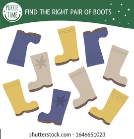 Find two same rubber boots. Garden or farm themed matching activity for preschool children with cute footwear. Funny spring game for kids. Logical quiz worksheet
