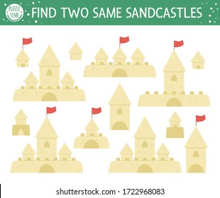 Find two same sandcastles. Summer matching activity for preschool children with castles made of sand. Funny holiday activity for kids. Logical quiz worksheet. Simple printable game for kids