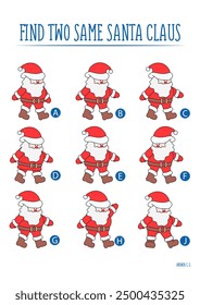 Find two same Santa Claus. Logic game. Vector illustration. Worksheet for children's activity book.