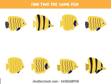 Find Two The Same Sea Fish. Logical Game For Kids.